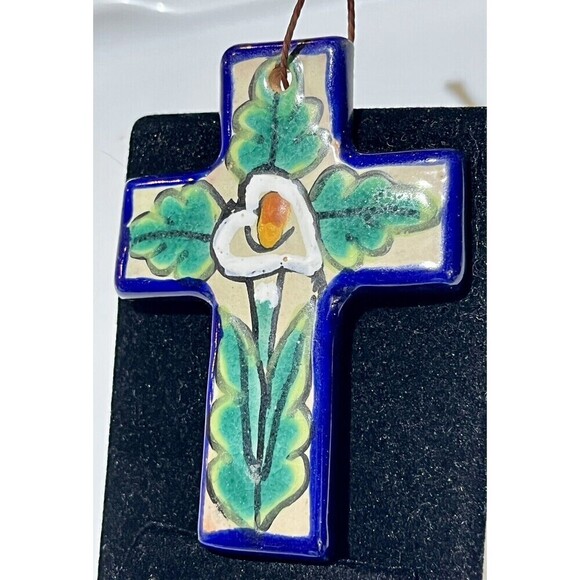 Mexican Pottery Folk Art Lilly Of The Valley Wall Cross Hand Painted 6” - Picture 2 of 8